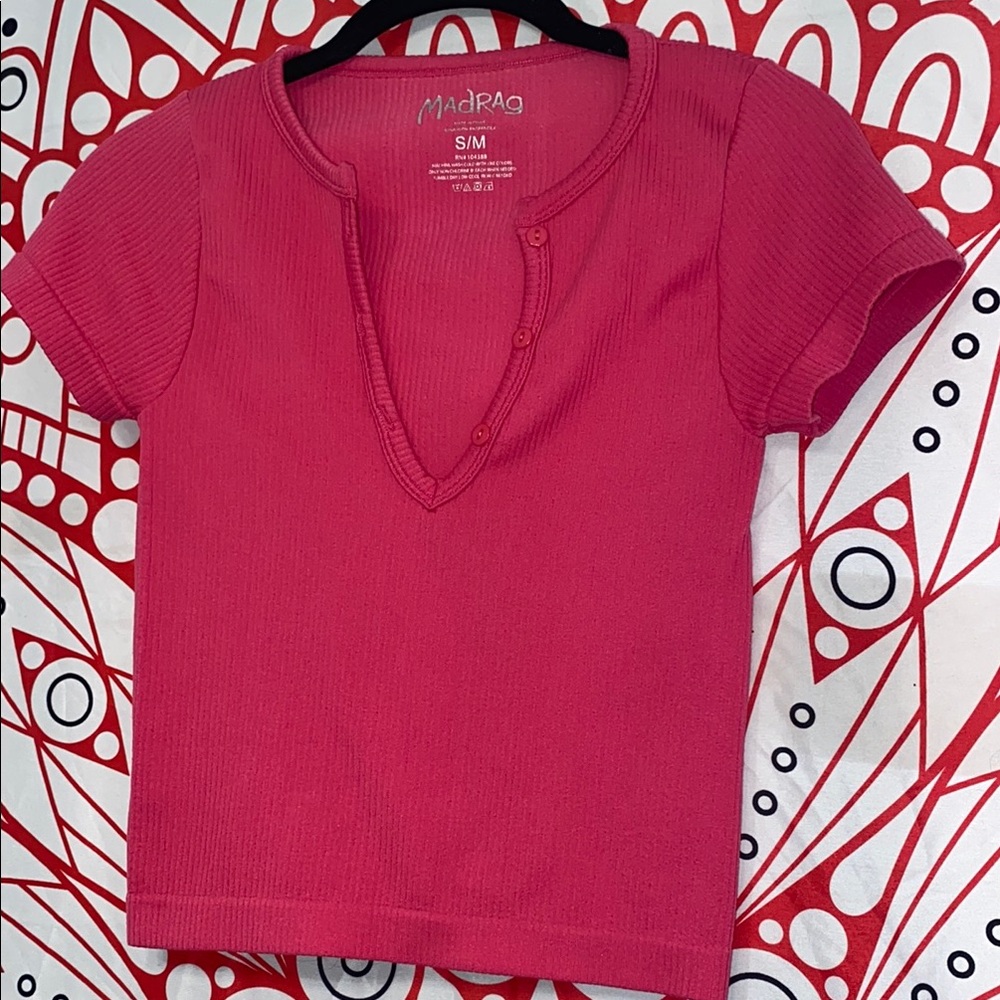 MadRag Pink Ribbed Short Sleeve Top